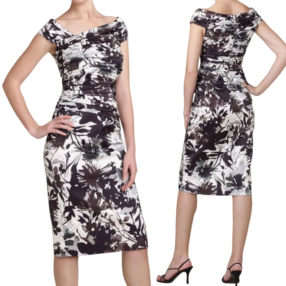 Tadashi Shoji Sheath Dress Pleated Bodice Boatneck Floral Print Black White 8